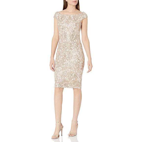 Vince Camuto Sequin Off The Shoulder Sheath Cocktail Dress Back Zip Sand Size 8 - Picture 1 of 8